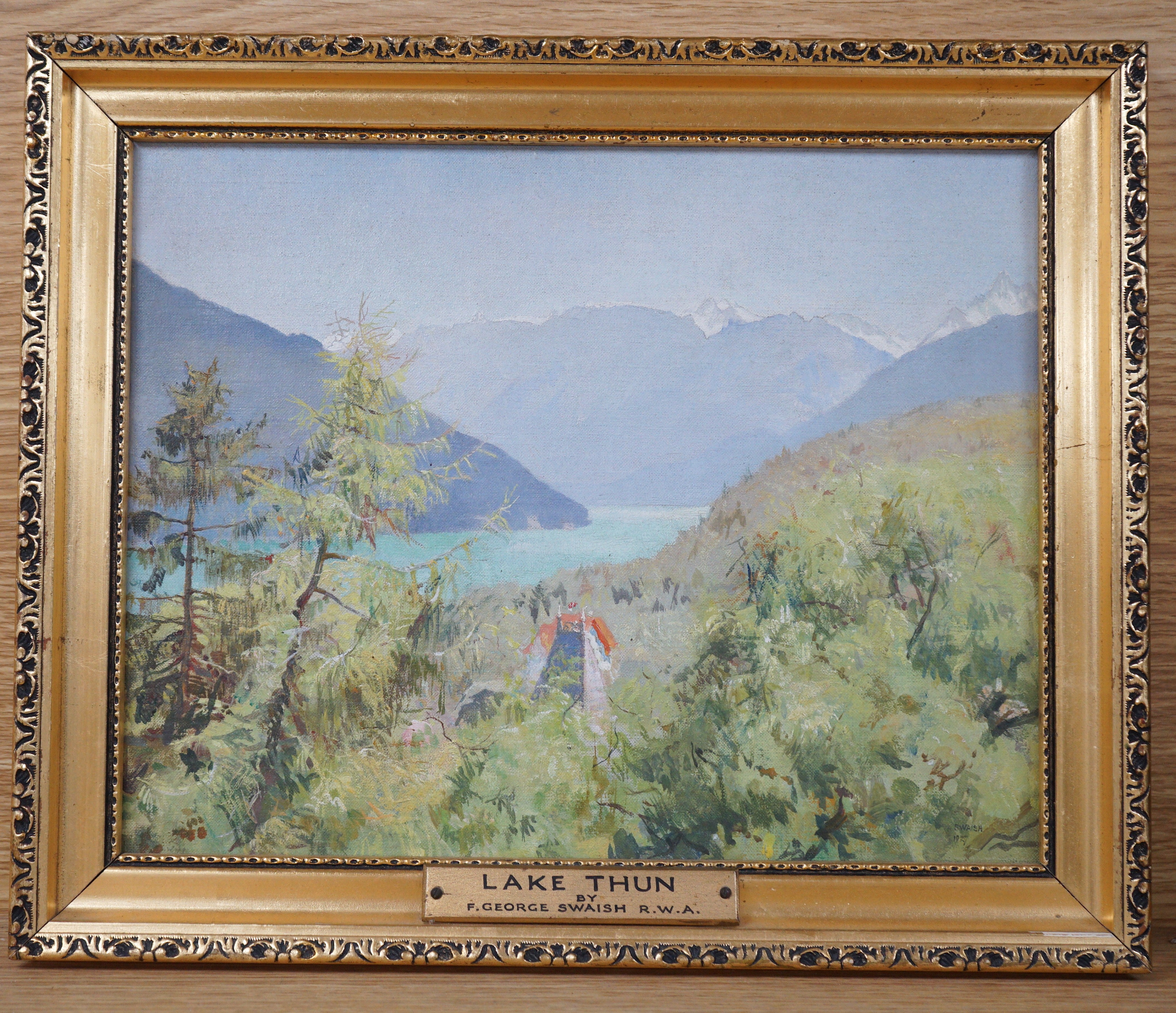 Frederick George Swaish R.W.A. (1879-1931), oil on board, 'Lake of Thun', label verso, 21 x 27cm